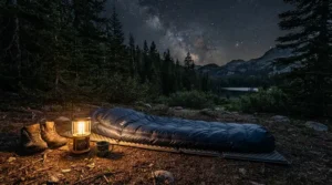 A value gas camping lantern casting a steady beam across a peaceful campsite pitch in Wales.