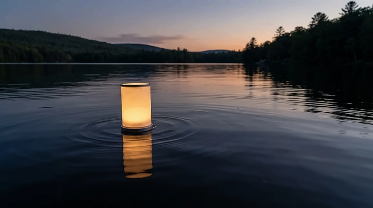 A floating waterproof LED lantern bobbing gently on a calm lake beside a paddleboard at twilight.