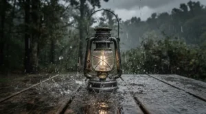A waterproof LED lantern sitting on a picnic bench during a heavy rain shower in the Cotswolds.