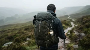 An IPX4 camping lantern securely clipped to the outside of a rucksack during a drizzly moorland walk.