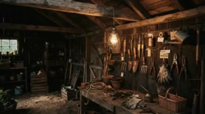 A rainproof outdoor lantern hanging from the ceiling of a damp garden shed during evening chores.