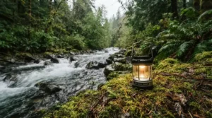 A splashproof LED camping light placed near a rushing river bank during a wet-weather hike.